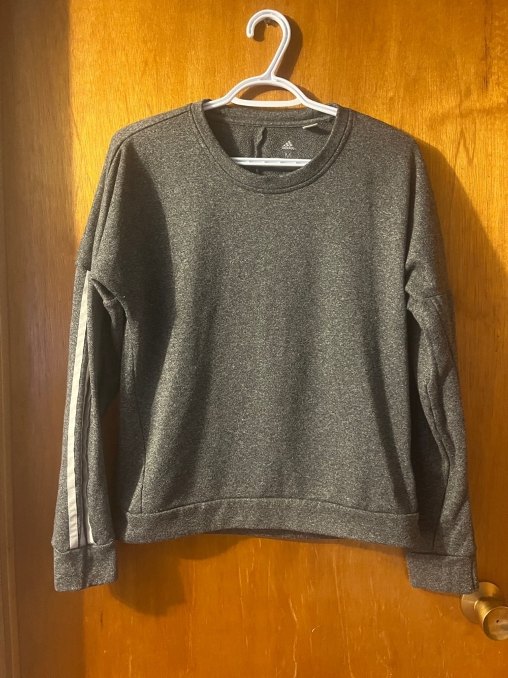 Woman’s adidas Charcoal Gray Crewneck Sweatshirt with White Sleeve Stripes Med
